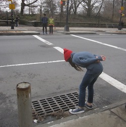 CSI checking for sounds of imprisoned Vechtes Brook through sewer grate at 2nd St and PPW. 